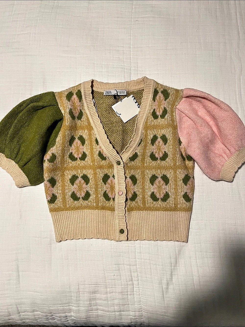 Zara Floral Cropped Knit Cardigan in Green & Pink
